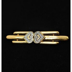 Vintage Monet‎ Double Heart Bar Brooch Gold Tone Clear Rhinestones Signed